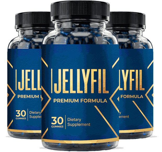 JellyFil men's vitality gummies, navy and gold bottles from the 2026 production run